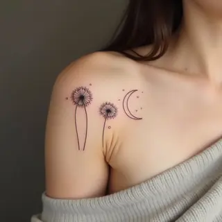 Delicate Dandelion and Moon Shoulder Tattoos