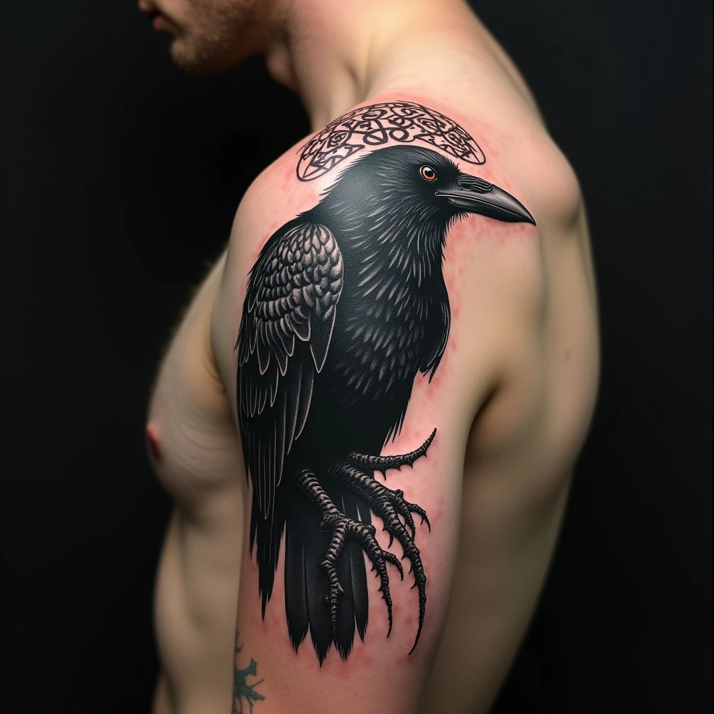 Nordic Raven and Rune Shoulder Tattoo