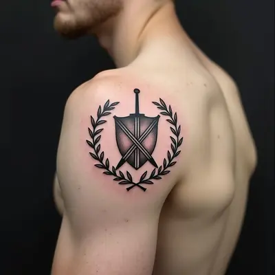 Shoulder Tattoo: Shield, Sword & Laurel Wreath Design