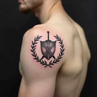 Shoulder Tattoo: Shield, Sword & Laurel Wreath Design