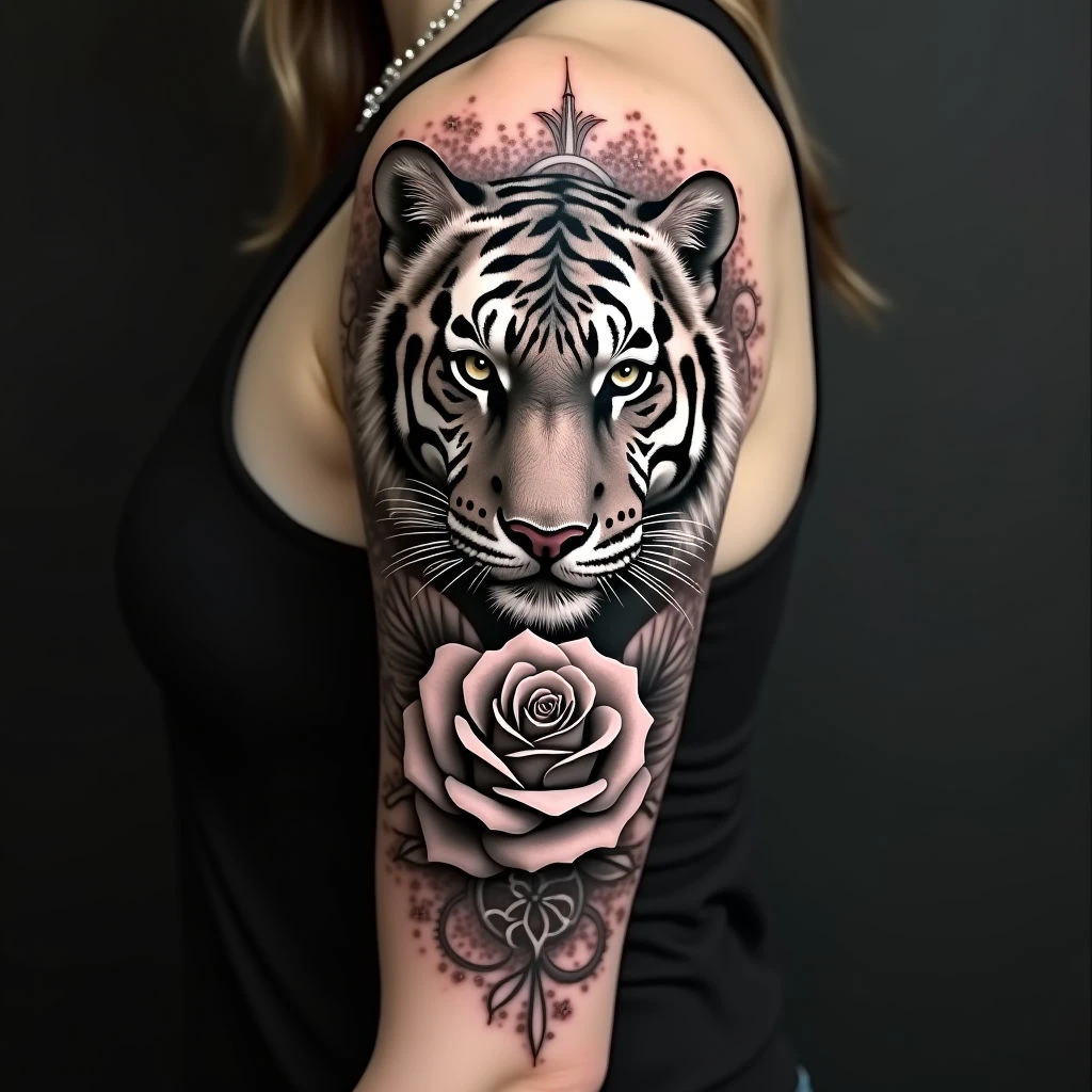 Realistic Tiger Portrait with Rose and Clockwork Details