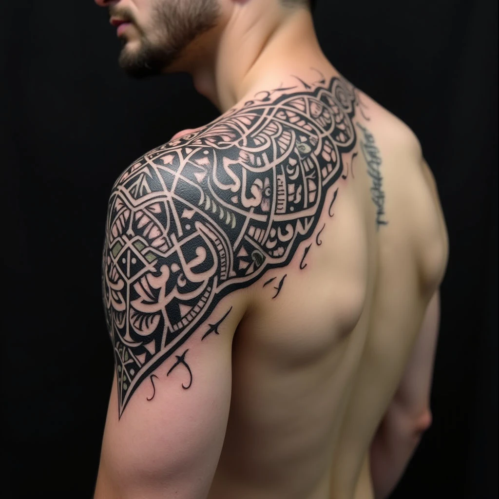 Geometric Script Shoulder Tattoos: Temporary Designs for Men