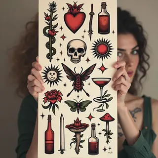 Trippy Flash Tattoo Sheet: Symbolic Motifs & Bold Lines