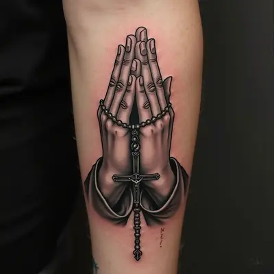Praying Hands with Cross and Rosary Tattoo Design