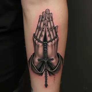 Praying Hands with Cross and Rosary Tattoo Design
