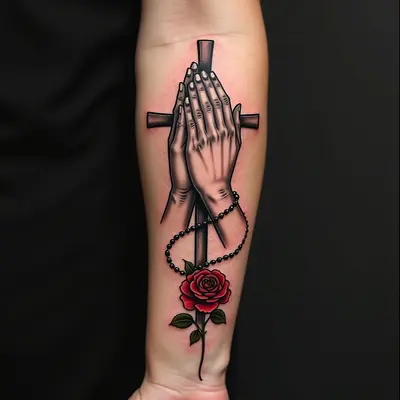 Forearm Tattoo: Praying Hands with Cross and Rosary