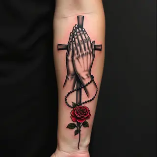 Forearm Tattoo: Praying Hands with Cross and Rosary