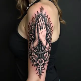 Detailed Praying Hands Rosary Tattoo Design