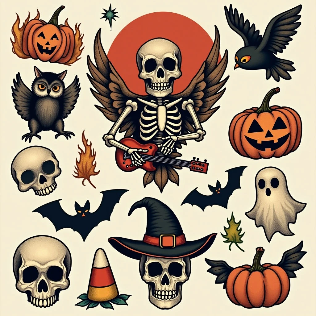 Vintage Halloween Tattoo Flash Sheet