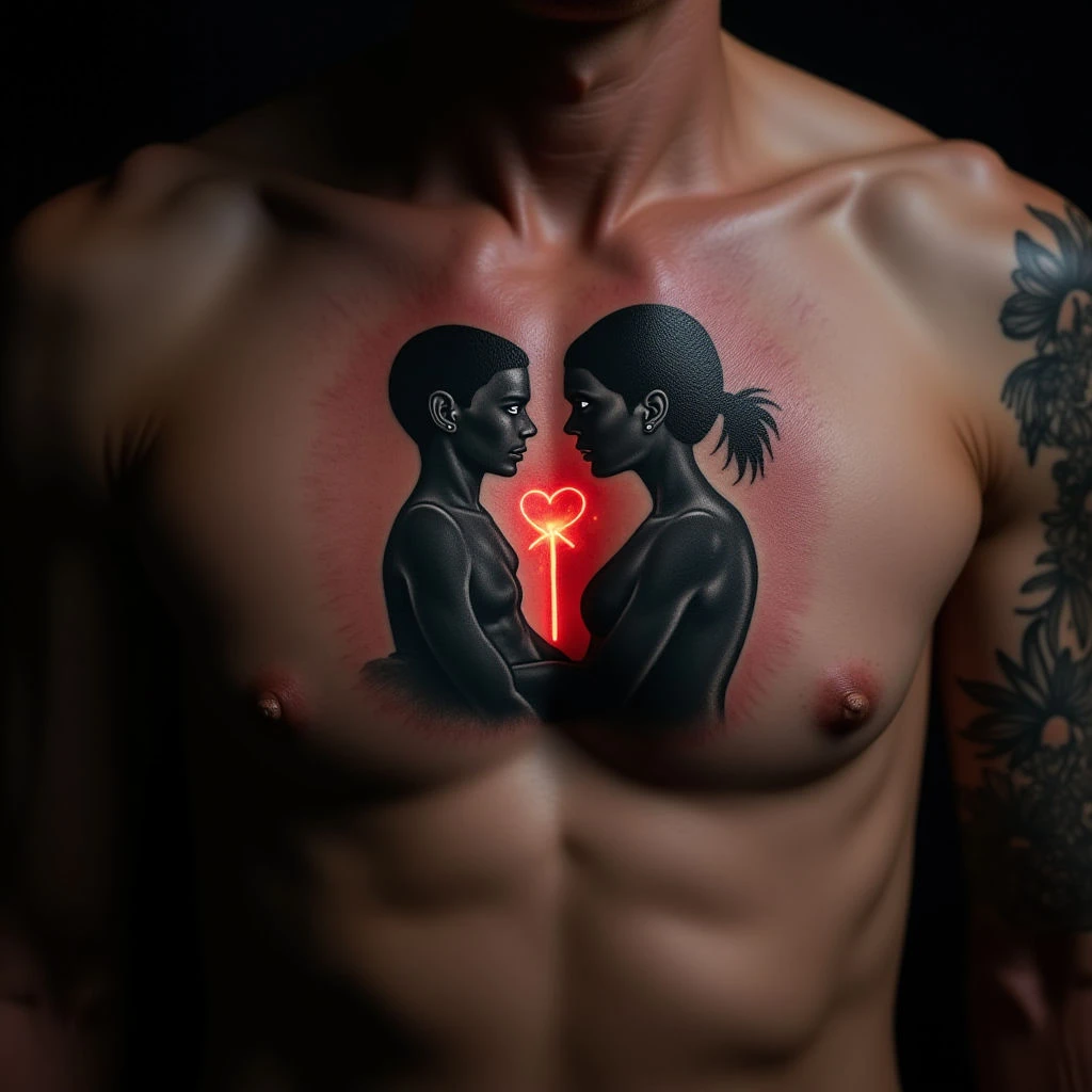 Surreal Mother Symbol Tattoos on the Sternum - A Neon Dream
