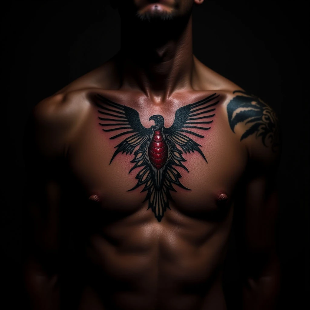 Surreal Sternum Tattoo in Black, Red & Gold: A Bold Choice for Dark Skin