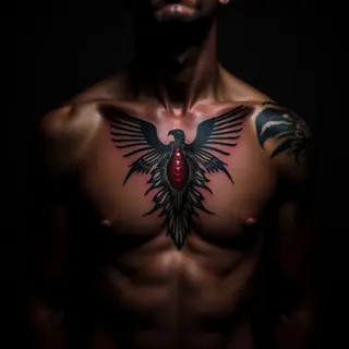 Surreal Sternum Tattoo in Black, Red & Gold: A Bold Choice for Dark Skin