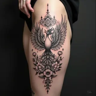 Phoenix Mandala Thigh Tattoo: A Fusion of Floral and Geometric Artistry