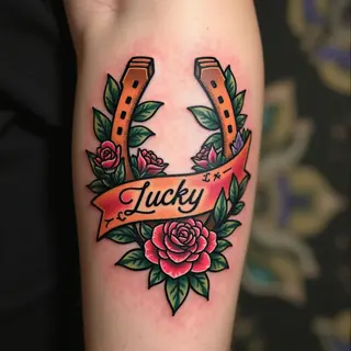 Lucky Horseshoe and Floral Traditional Tattoo Design