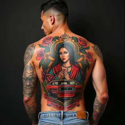 Intricate Chicano Backpiece Tattoo Collection