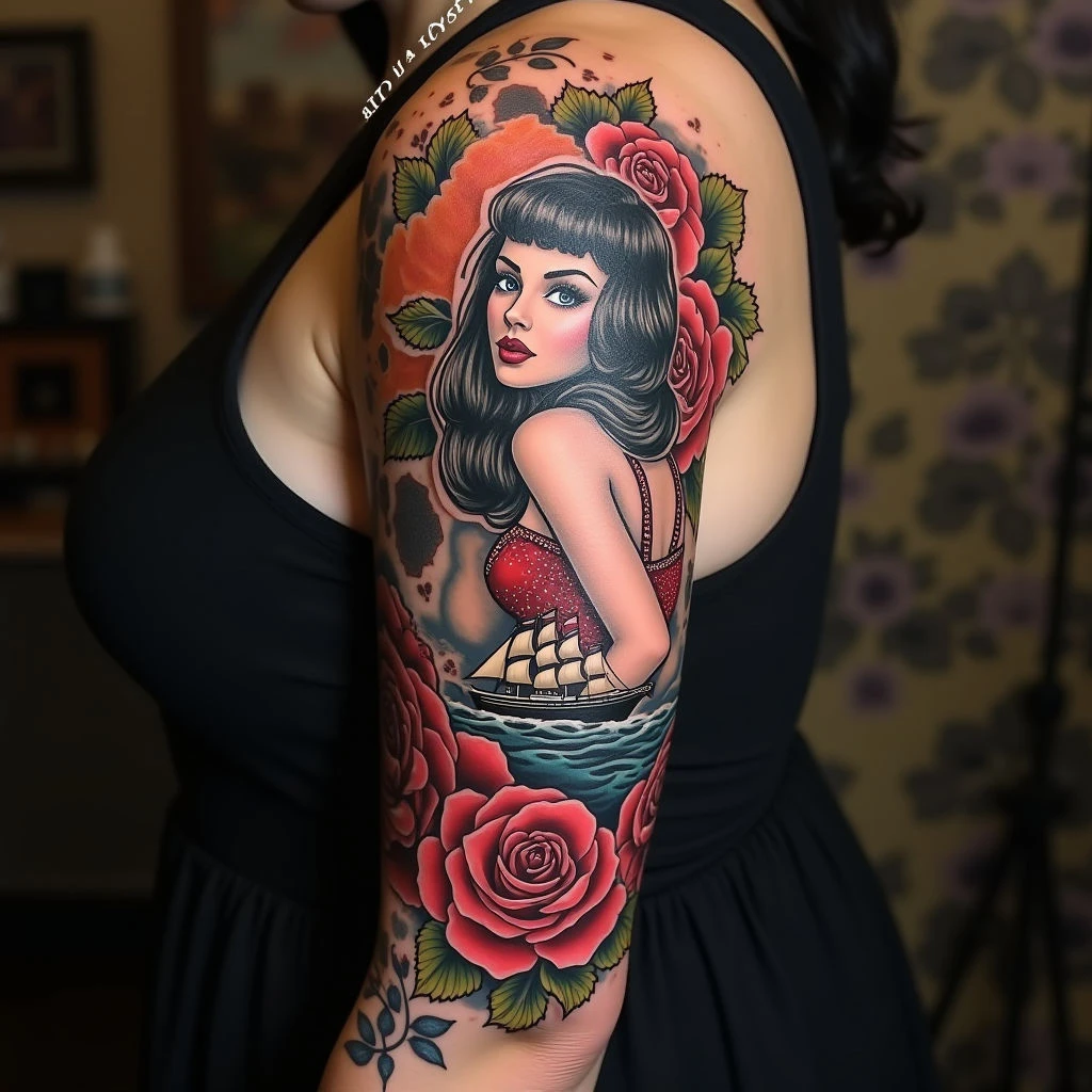 American Traditional Pin-Up Sleeve Tattoo Design