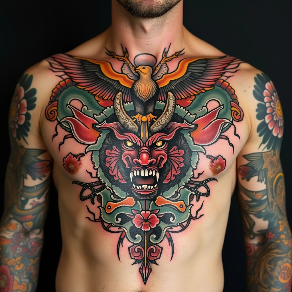A Meditative Exploration of Traditional Chest Tattoos: Demons, Eagles & Dragons