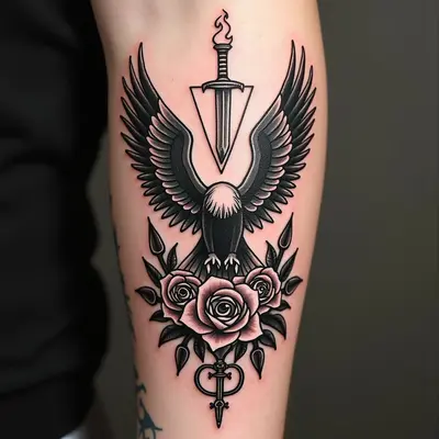 Traditional Tattoo Flash Sheet: Eagle, Dagger & Floral Motifs