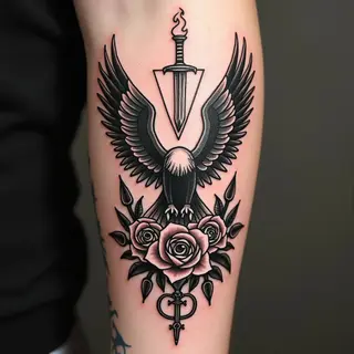 Traditional Tattoo Flash Sheet: Eagle, Dagger & Floral Motifs