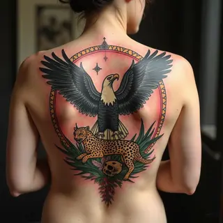 Vintage Eagle and Leopard Back Piece Tattoo