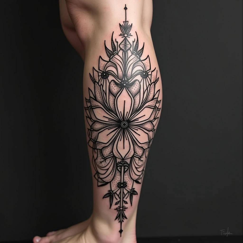 Intricate Floral and Geometric Calf Tattoo