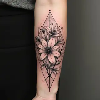 Illustrative Floral and Geometric Forearm Tattoo