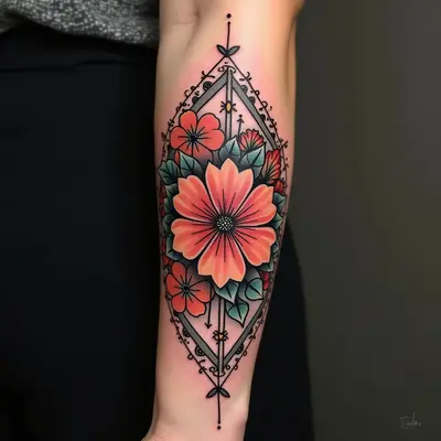 Neo-Traditional Floral and Geometric Forearm Tattoo
