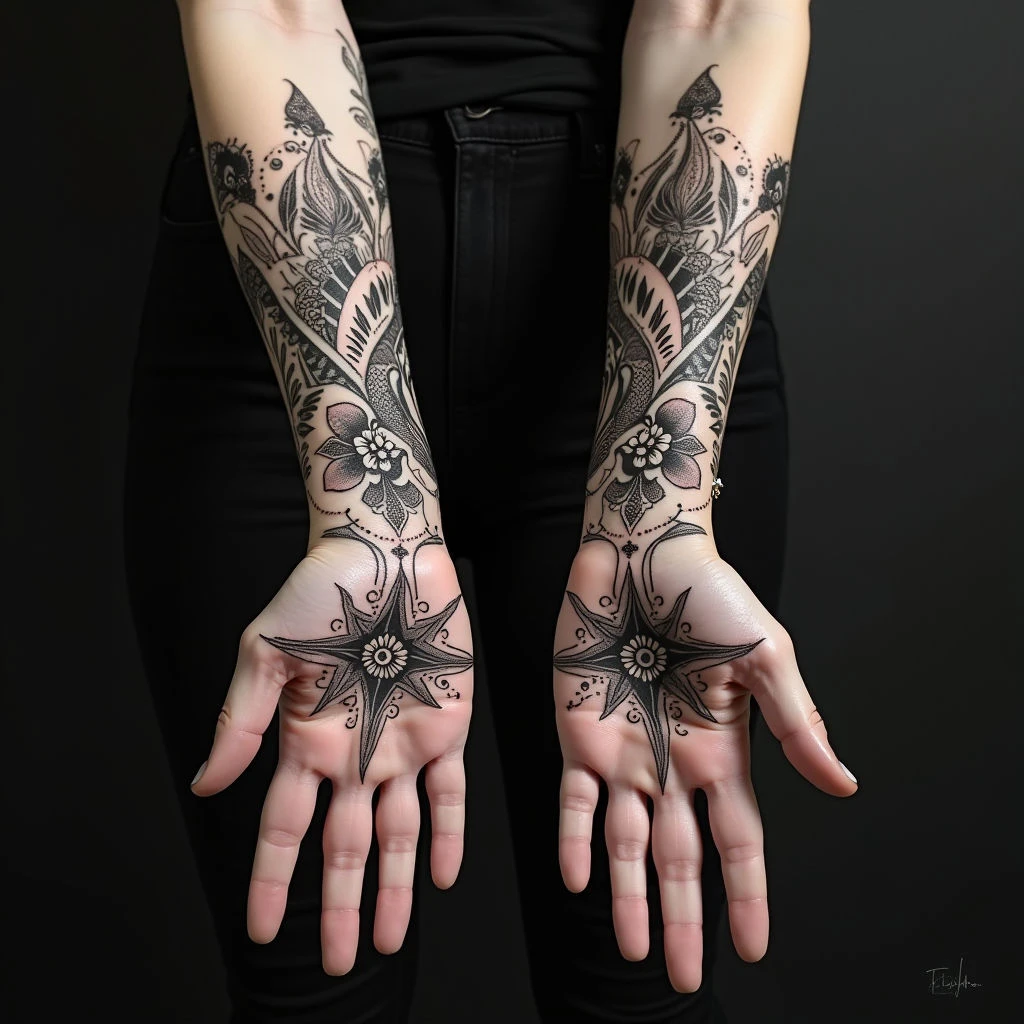 Intricate Floral and Geometric Hand Tattoo