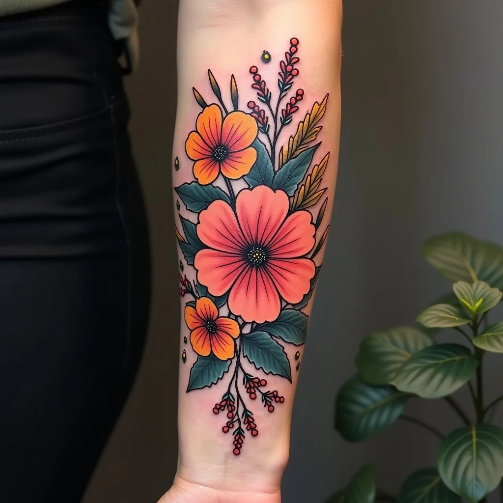 Vibrant Floral Tattoo on Forearm