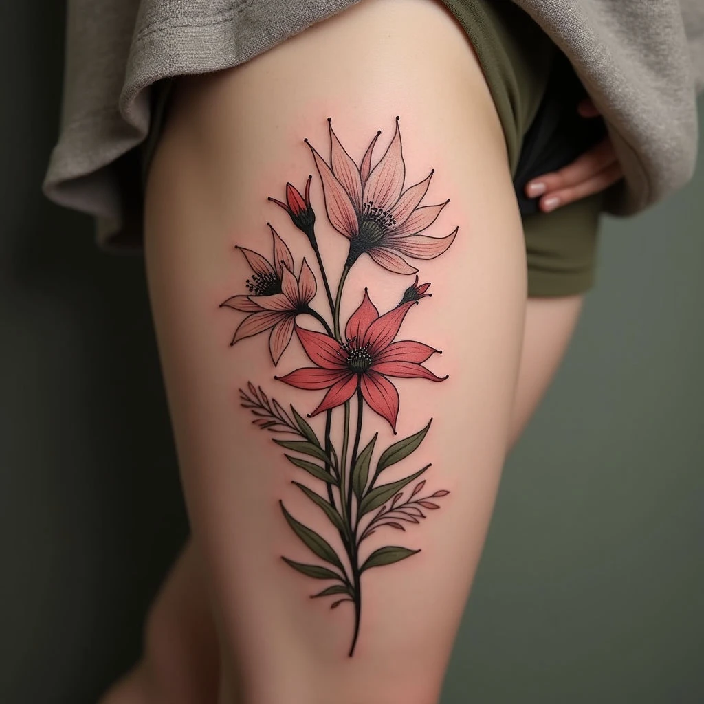 Illustrative Floral Thigh Tattoo in Progress