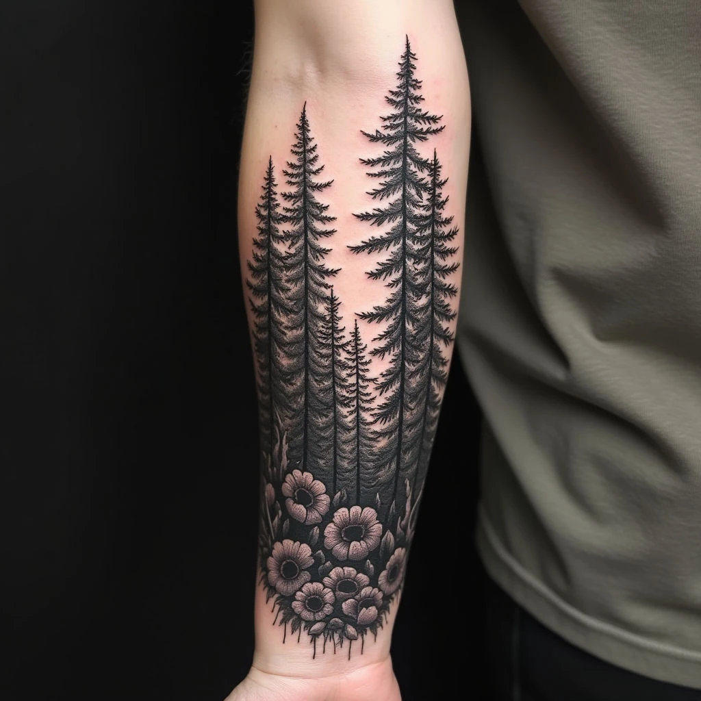 Intricate Forest Scene Tattoo on Forearm