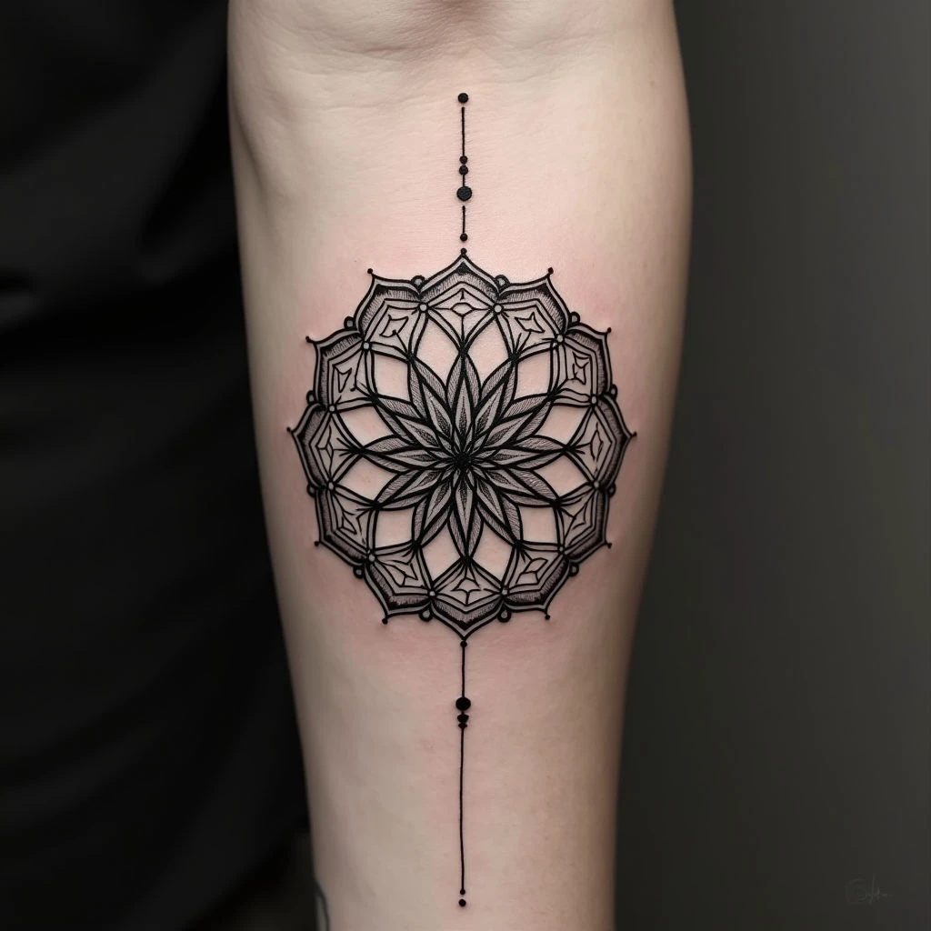 Geometric Dotwork Mandala Tattoo on Forearm