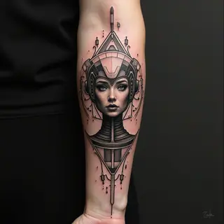 Intricate Geometric and Portrait Tattoo on Forearm
