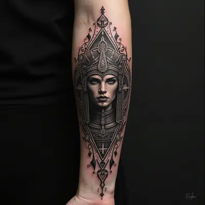 Sacred Geometry and Cosmic Portrait Tattoo on Forearm