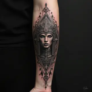 Sacred Geometry and Cosmic Portrait Tattoo on Forearm