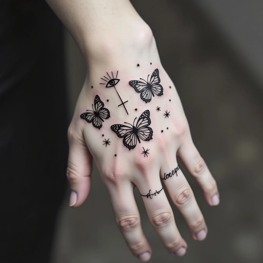 Delicate Hand Tattoo: Butterflies, Symbols & 'Freedom'