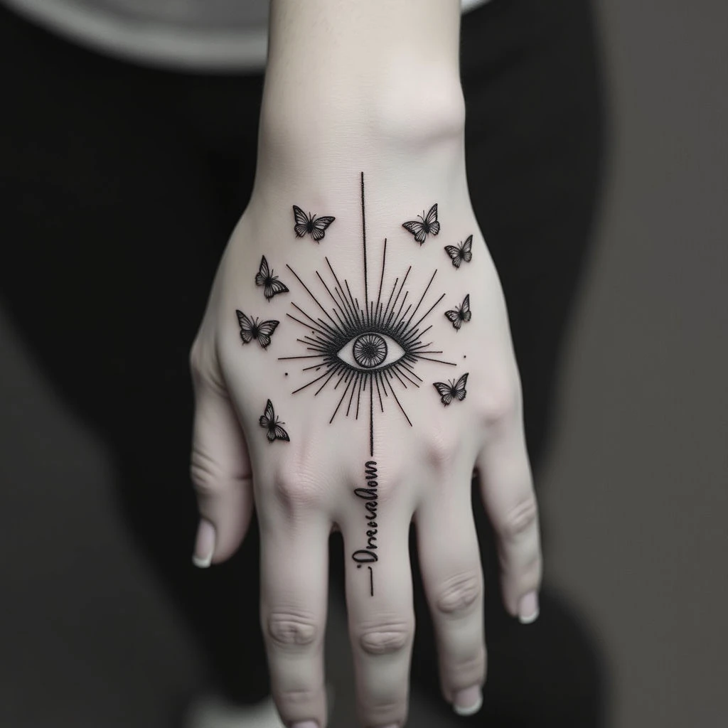 Spiritual Hand Tattoo: Butterflies, Eye & Numerals