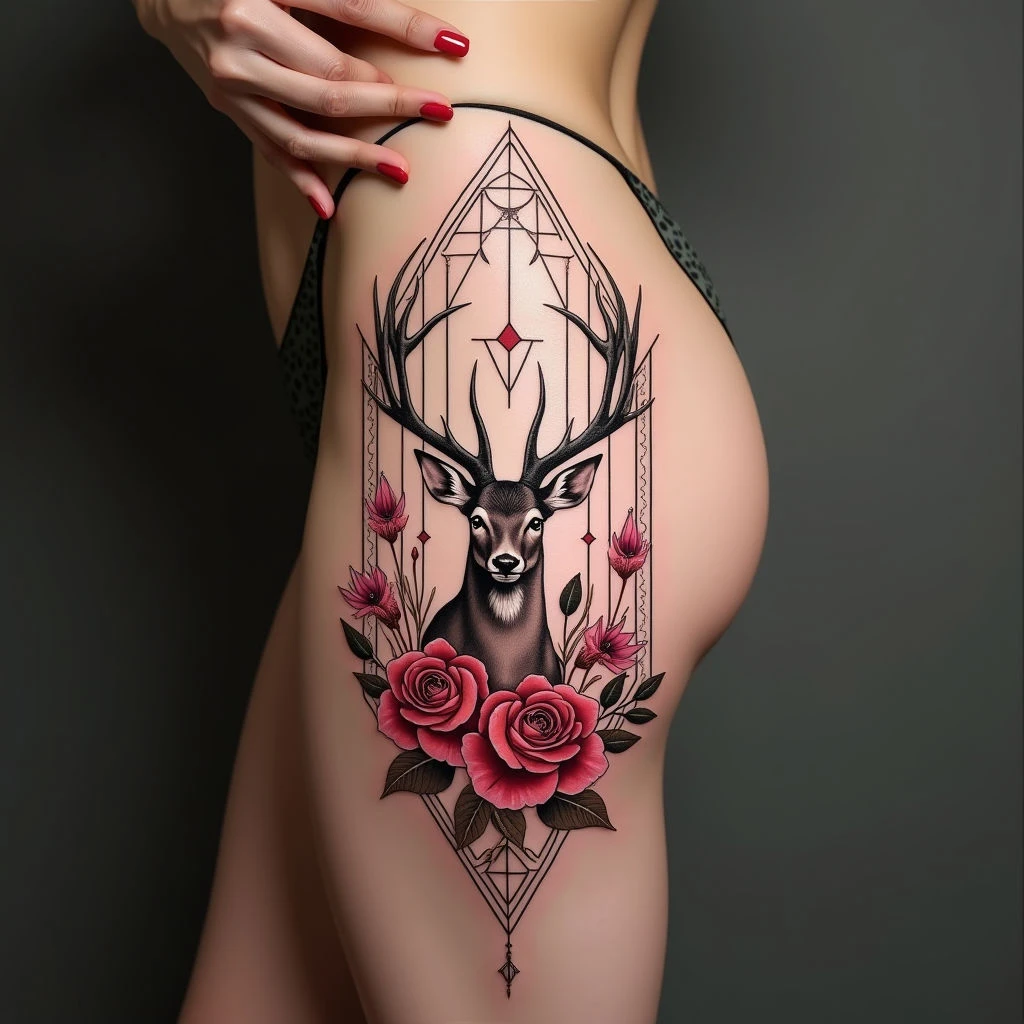 Floral Deer and Geometric Thigh Tattoo Design Inspiration