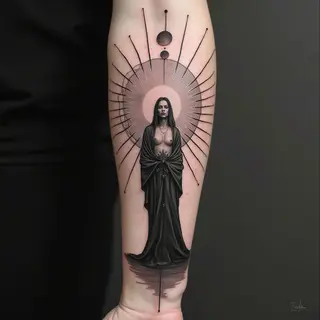 Symbolic Forearm Tattoo: Man and Celestial Elements