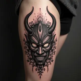 Intricate Oni Mask Tattoo on Thigh