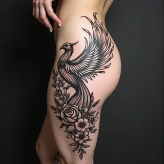 Dramatic Phoenix and Floral Thigh Tattoo