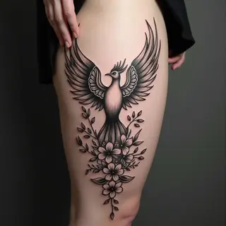 Dramatic Phoenix and Floral Tattoo on Thigh