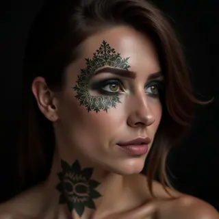 Delicate Face Tattoos: Small Ornamental Designs in Green & Black
