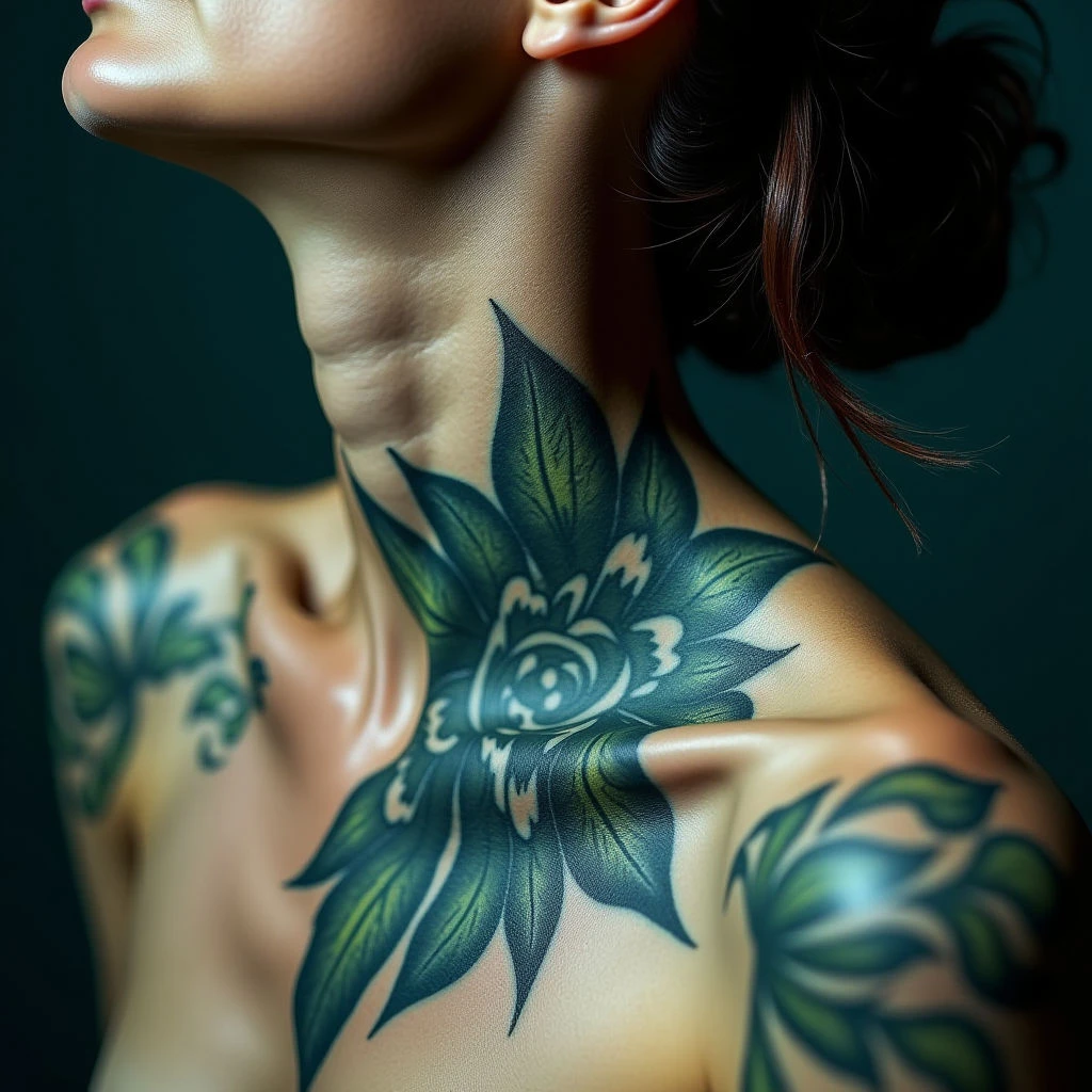 Secret Neck Tattoos: Surreal Designs in Blue & Green