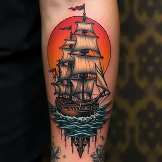 Neo-Traditional Ship and Biomechanical Tattoo Design