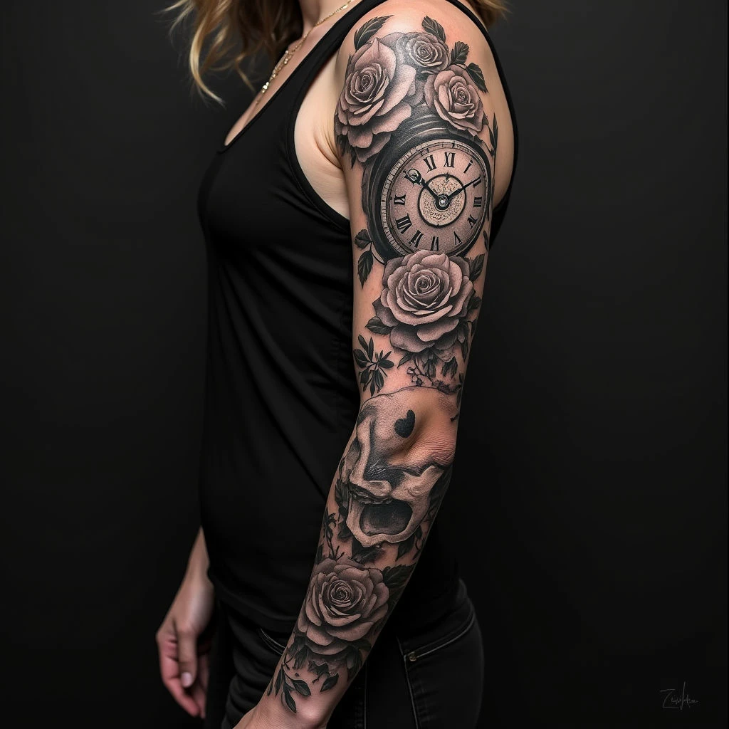 Detailed Blackwork Arm Sleeve: Roses, Clocks & Skulls