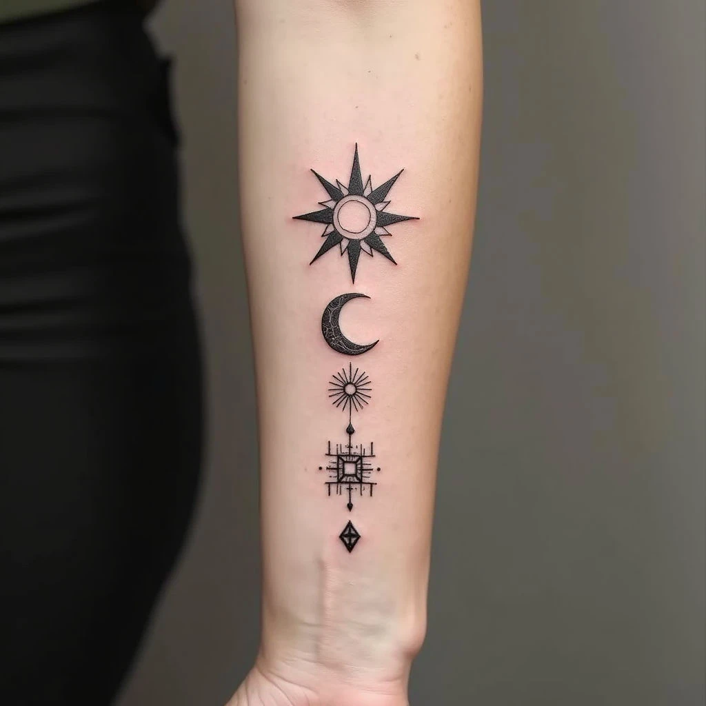 Minimalist Sun and Moon Tattoo on Forearm