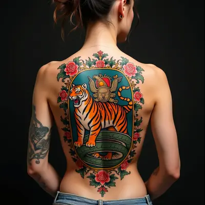 Traditional Back Tattoo: Tiger and Serpent