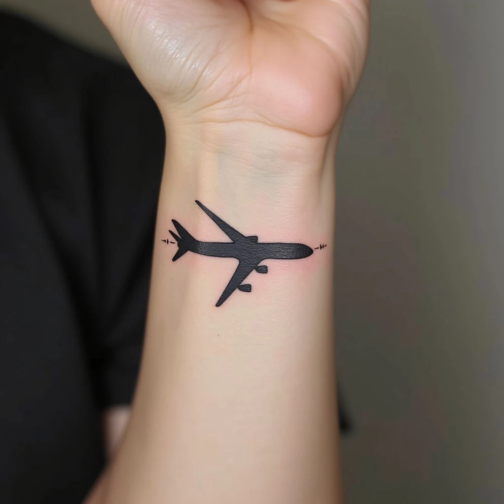 Minimalist Travel Tattoo: Airplane & Heartbeat Linework