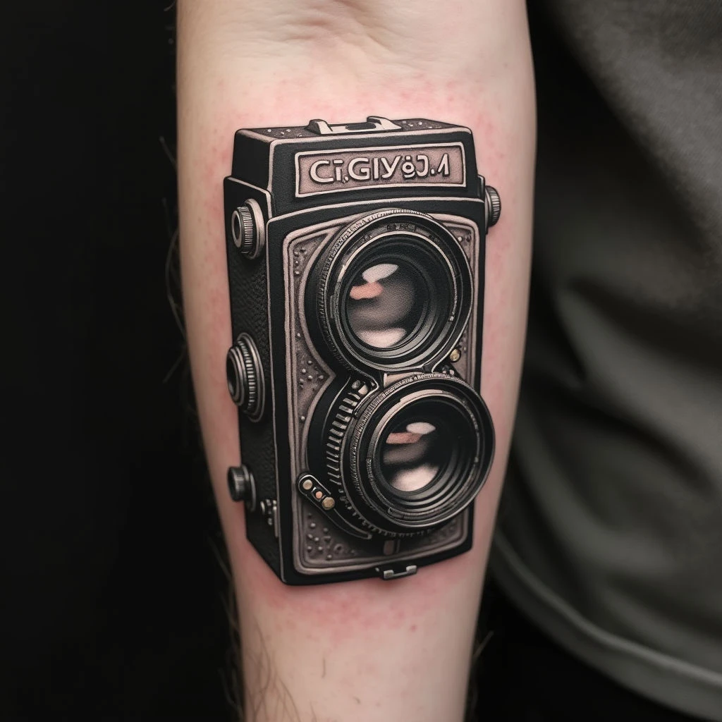 Vintage Camera Tattoo: A Study in Black and Grey Realism